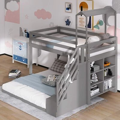 Twin Over Full House Bunk Bed w/ Staircase & Storage Bookshelves Wood Bed Frames - Image 1 of 4