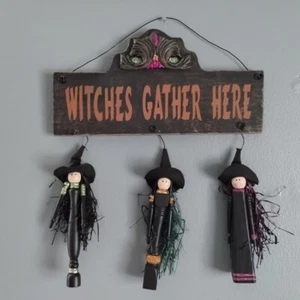 Halloween Wall Plaque Sign Dangling Witches Gather Here Wooden Glitter Accents  - Picture 1 of 12
