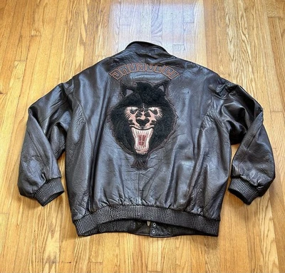 Chaqueta Bomber De Colección Davoucci Para Hombre Cuero Hip Hop Años 90 Hombre Lobo Marrón Cremallera 6x Foto 1 de 4