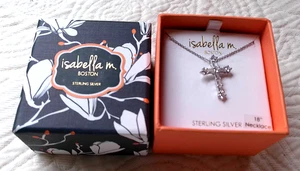 COLLANA CROCE ISABELLA M. ARGENTO STERLING FINTI DIAMANTI LUNGHEZZA 18" SCINTILLANTE NUOVA CON SCATOLA - Foto 1 di 5
