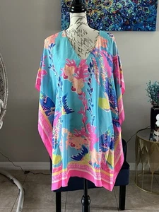 Lilly Pulitzer Silk Caftan Dress Sandstorm Shorely Blue Small Medium Kaftan New - Picture 1 of 5