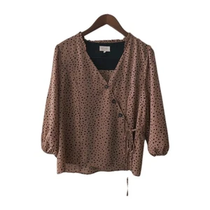 Melloday Anthropologie Brown Polkadot Puff Sleeve Peasant Blouse Top Size L - Picture 1 of 5