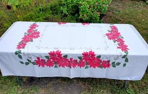 Vintage Tablecloth Christmas Holiday Poinsettias CA HAND PRINTS Rectangular (B1) - Picture 1 of 8