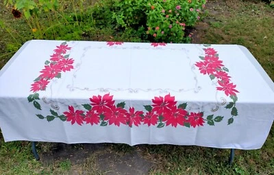Vintage Tablecloth Christmas Holiday Poinsettias CA HAND PRINTS Rectangular (B1) - Image 1 of 4