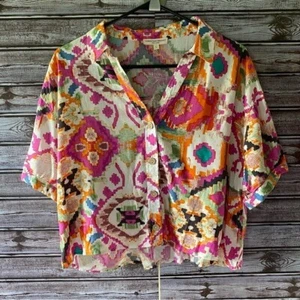 Christian Siriano Short-Sleeved Button-Down Top Size L Cropped Multicolor NWOT - Picture 1 of 7