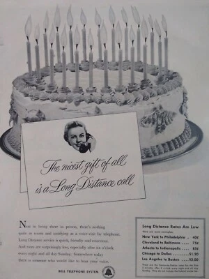 Anuncio Impreso Teléfono Campana Original Vintage Años 50 Pastel de Cumpleaños Larga Distancia Precio Foto 1 de 4