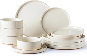 Ceramic Dinnerware Set for 4 | Speckled Stoneware Plates and Bowls with Unglazed - Picture 1 of 7