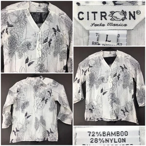 Citron Womens Large (38 in Bust) White Black Crinkle Butterfly Bamboo Button Up - Picture 1 of 12
