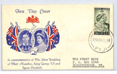 FIJI KGVI FDC 1948 BODA DE PLATA Suva Nueva Zelanda Christchurch{samwells} YR45 Foto 1 de 4