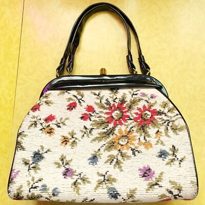 Vintage Tapestry Granny Handbag Purse Satchel Floral Needlepoint Frame Bag - Image 1 of 4