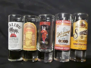 Shot Glass Set, 2 Ounce ea; 5 pc. Malibu, Kahlua, Beefeater, Stolichnaya, Sauza - Picture 1 of 1