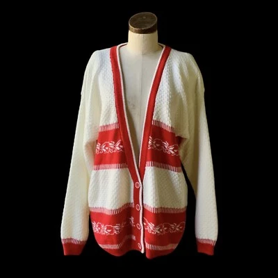 Vintage THAT'S ME 1980s Ski Cardigan Red White KNIT Sweater LARGE - Image 1 of 4