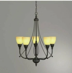 NEW!!  5-Light Bronze Chandelier with Tea Stained Glass Shades - Picture 1 of 5