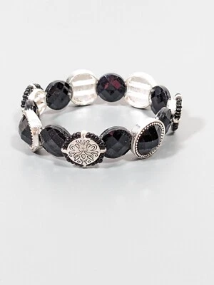 Napier Black Silver Tone Round Panel Stretch Bracelet 7 inch - Image 1 of 4