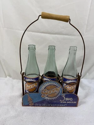 Vintage Sunny Soda Glass Bottles W/ Metal Carrying Case Advertising Reproduction - Image 1 of 4