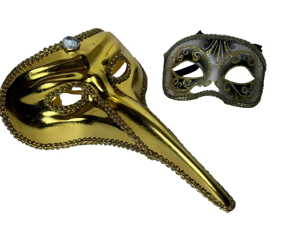 Elegantes Máscaras de Mascarada Veneciana Doradas y Blancas - ¡Par de Carnaval Glamoroso! Foto 1 de 4