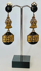 Antique Victorian Pinchbeck Filagree French Jet Dangle Drop Clip On Earrings - Picture 1 of 4