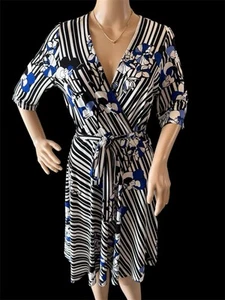 STUDIO ONE New York Women's Size S Faux Wrap Dress Black Striped Floral Belted - Bild 1 von 10