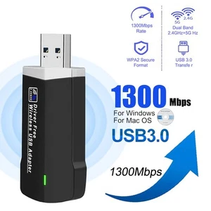 1300Mbps WiFi USB Wireless Network Receiver 2.4/5G Dual-Band Win10 11 Drive Free - Afbeelding 1 van 11