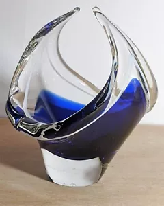 Mid Century Sea Glasbruk Cobolt Blue & Enamel White Stripe Art Glass Bowl Basket - Picture 1 of 11
