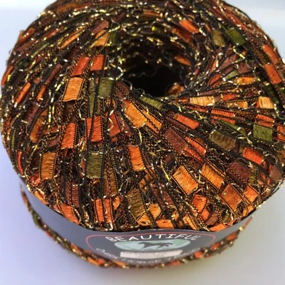 Autumn Glitz Ladder Ribbon Yarn Dark Horse Beautiful #A104 Orange Copper Green + - Image 1 of 4