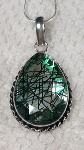 2" FAUX RUTILE QUARTZ FOIL GLITTER ART GLASS STERLING PENDANT NECKLACE 18" - Picture 1 of 8