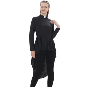 Women Clergy Shirt Dress High Low Tops Ruffle Peplum Asymmetrical Shirt Bodycon - Picture 1 of 10