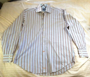 Thomas Dean Mens Long Sleeve Button Up Shirt Size Large Blue, brown tonal stripe - Picture 1 of 10