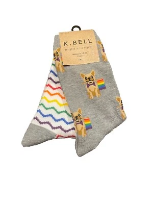 NEW 2 Pack K. Bell Ladies 2 Pair French Bull Dog Frenchie Pride Flag Crew Sock - Image 1 of 4