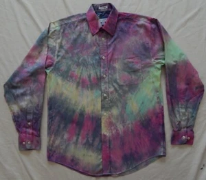Tie Dye Pink Yellow Black Long Sleeve Button Up Shirt - Medium Mens 15.5 - Picture 1 of 7