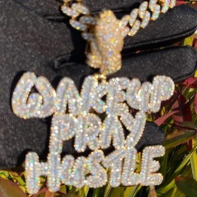 Real Gold Plated 3AAA+ CZ Wake Up Pray Hustle Ice Out Hop Hip Pendant Necklace - Image 1 of 4