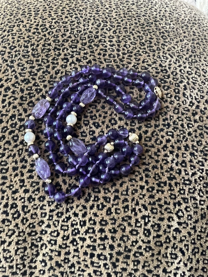 14 克拉金紫水晶和珍珠结珠项链 34 英寸从扣到扣 — 第 1/4 张图片