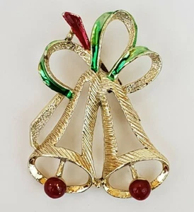 Vintage Signed Gerry's Gold Tone Green & Red Enamel Christmas Bells Pin Brooch - Picture 1 of 4