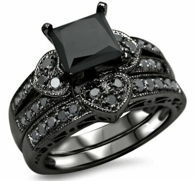 2.27Ct Black Princess Cut Lab-Created Diamond Heart Engagement Ring Wedding Set - Image 1 of 4