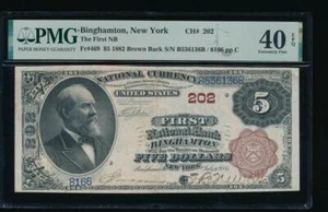 AC 1882 $5 First NB of Binghamton, New York Brown Back Ch #202 PMG 40EPQ - Picture 1 of 2