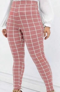 Plus Size Plaid Skinny Leg Pink High Waisted Pants - Picture 1 of 2