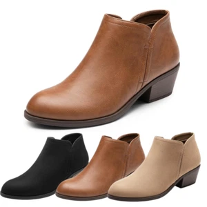 Women Booties Shoes Low Chunky Heel Almond Toe Zip Up Classic Ankle Boots - Picture 1 of 22