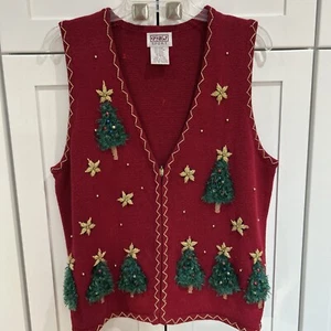 Vintage PBJ Sport Holiday Ugly Christmas Tree Sweater Vest Embroidery Large - Picture 1 of 7
