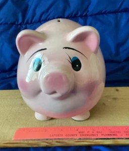 Large Vintage Mid Century Pottery Piggy Bank - Pink with a Blush on Face - Picture 1 of 9