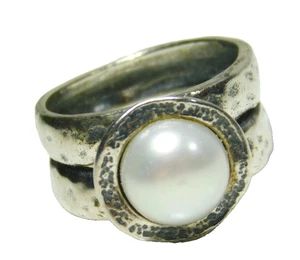 Anillo Shablool Didae Israel Plata Esterlina Perla Blanca Doble Banda Talla 8.25 - Imagen 1 de 6