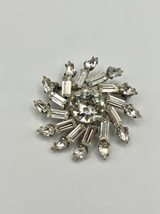 Vintage klare Strass Starburst Brosche silberfarben rund Anstecknadel mit Baguettes - Bild 1 von 5