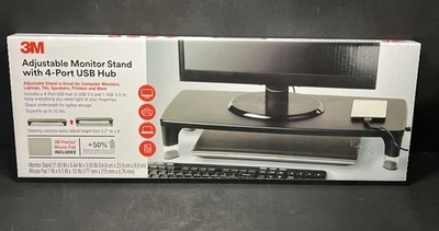 3M Adjustable Monitor Stand w/ 4-Port USB Hub, 21.6 in x 9.4 in Black NEW In Box - Image 1 of 4