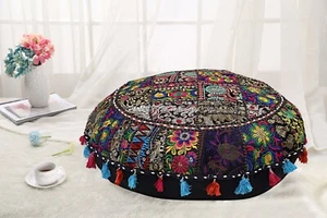 70 cm Patchwork Black Pouf Cushion Cover Room Decor Stool Vintage Floor Pillows - Picture 1 of 7