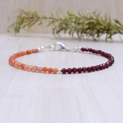 A+ Dainty Sunstone & Granet 2 pulseiras de contas de pedras preciosas redondas multifacetadas 6-8"" - Imagem 1 de 4