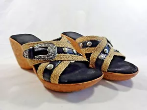 Onex Sandalia Cuñas Talla 6.5 M Negro Hebilla Tachuelas Tejido Cáñamo 3" Tacón Corcho - Imagen 1 de 9