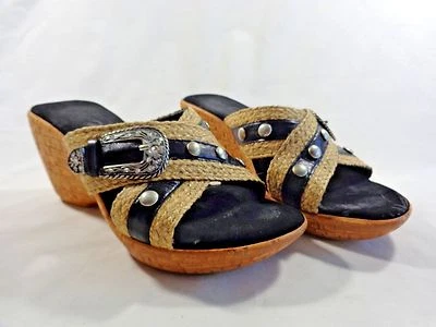 Onex Sandalia Cuñas Talla 6.5 M Negro Hebilla Tachuelas Tejido Cáñamo 3" Tacón Corcho  Foto 1 de 4