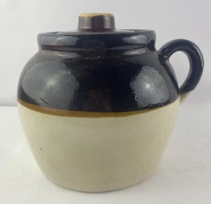 Vtg Single Handle Small 6 X 7 Brown Tan Stoneware Bean Baking Crock with Lid - Picture 1 of 6