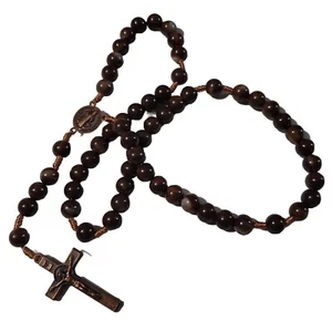 Brown Plastic Beaded Saint Benedict Rosary Bronze Tone Metal Catholic Jesus - Picture 1 of 6