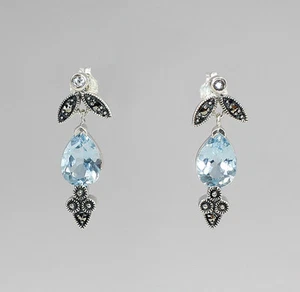 9903045-d 925er Silber Blautopas-Ohrstecker mit Markasiten L2,8cm - Bild 1 von 1
