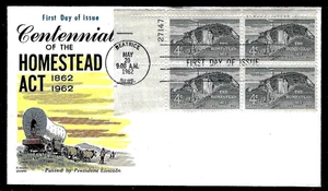 1198 4c Stamp (1962) THE HOMESTEAD ACT FDC BY HERMAN FLUEGEL - PLATE BLOCK - Picture 1 of 1